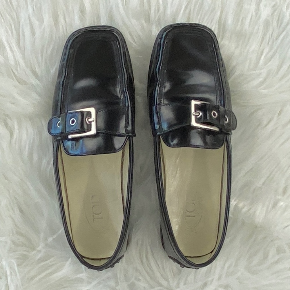 Tod's Black Patent Leather Loafers with Silver Buckle